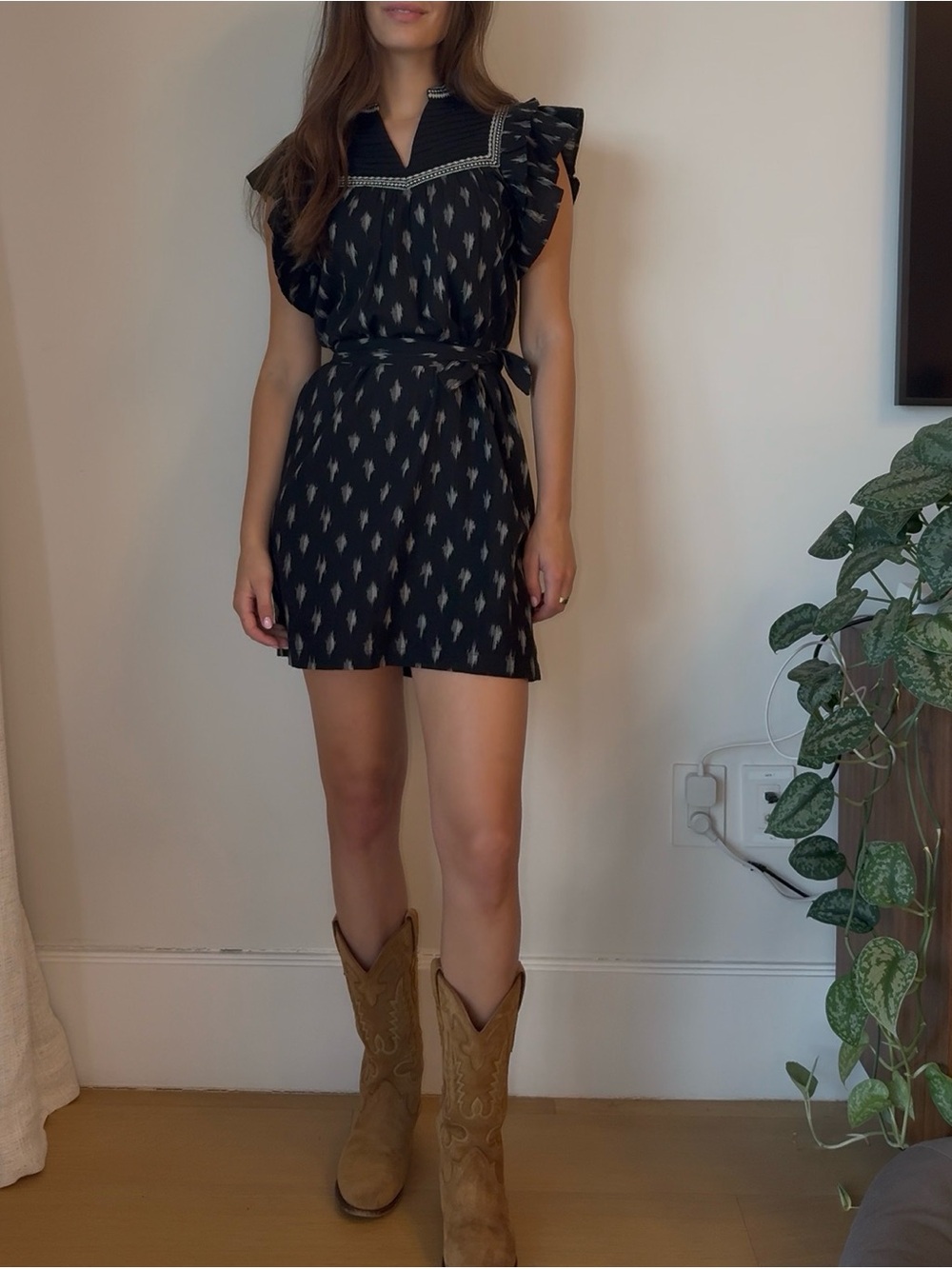 Black Patterned Tie-Waist Flutter Sleeve Mini Dress